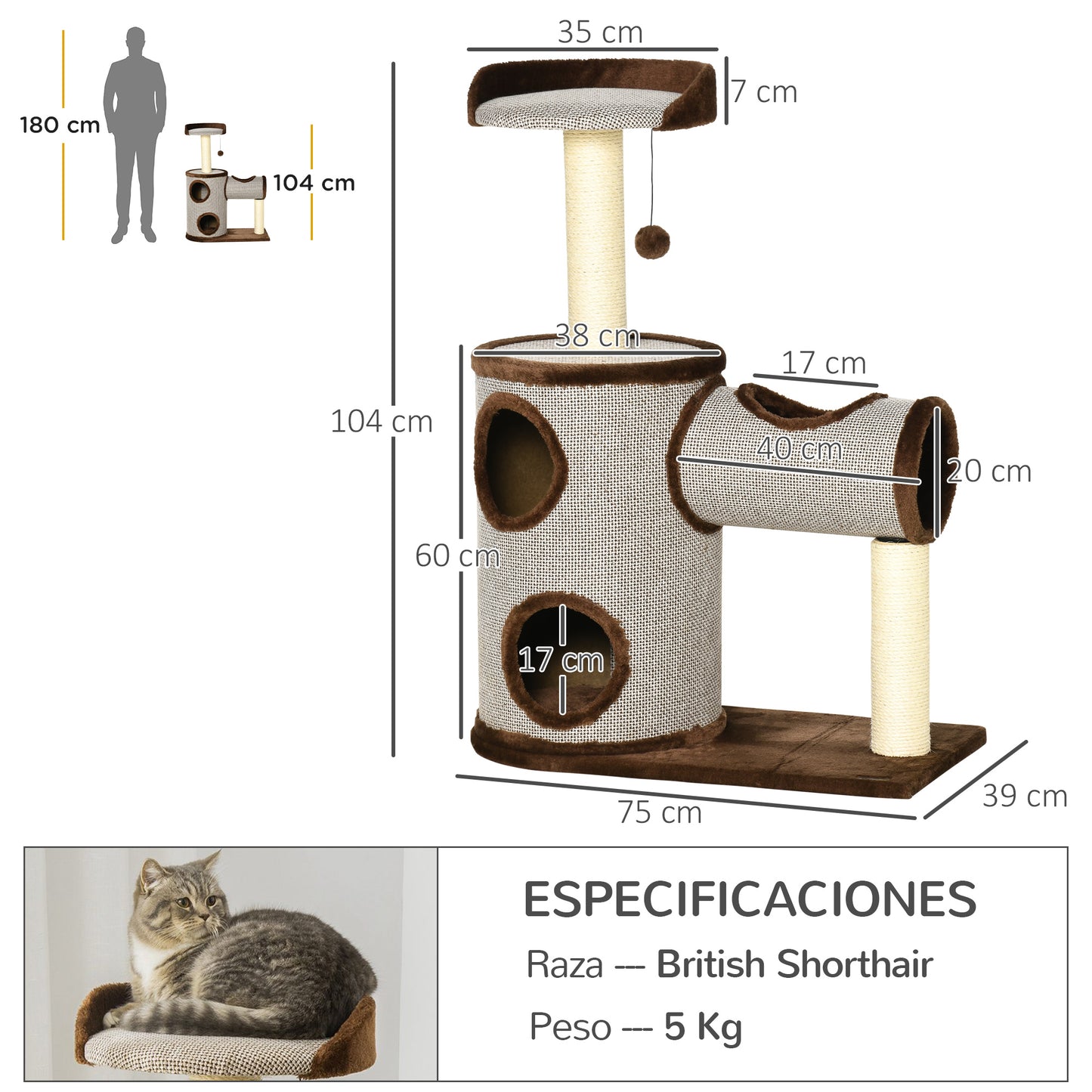 Pawhut Árbol Rascador Para Gatos Mediano 104 Cm Con Barril Cama Y Postes Marrón_2