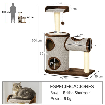 Pawhut Árbol Rascador Para Gatos Mediano 104 Cm Con Barril Cama Y Postes Marrón_2