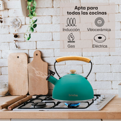 Tetera Con Silbato, Hervidor De Agua 2,5l, Inducción, Acero Inox, Vintage, Mango Madera, Briebe, Nordic, Verde