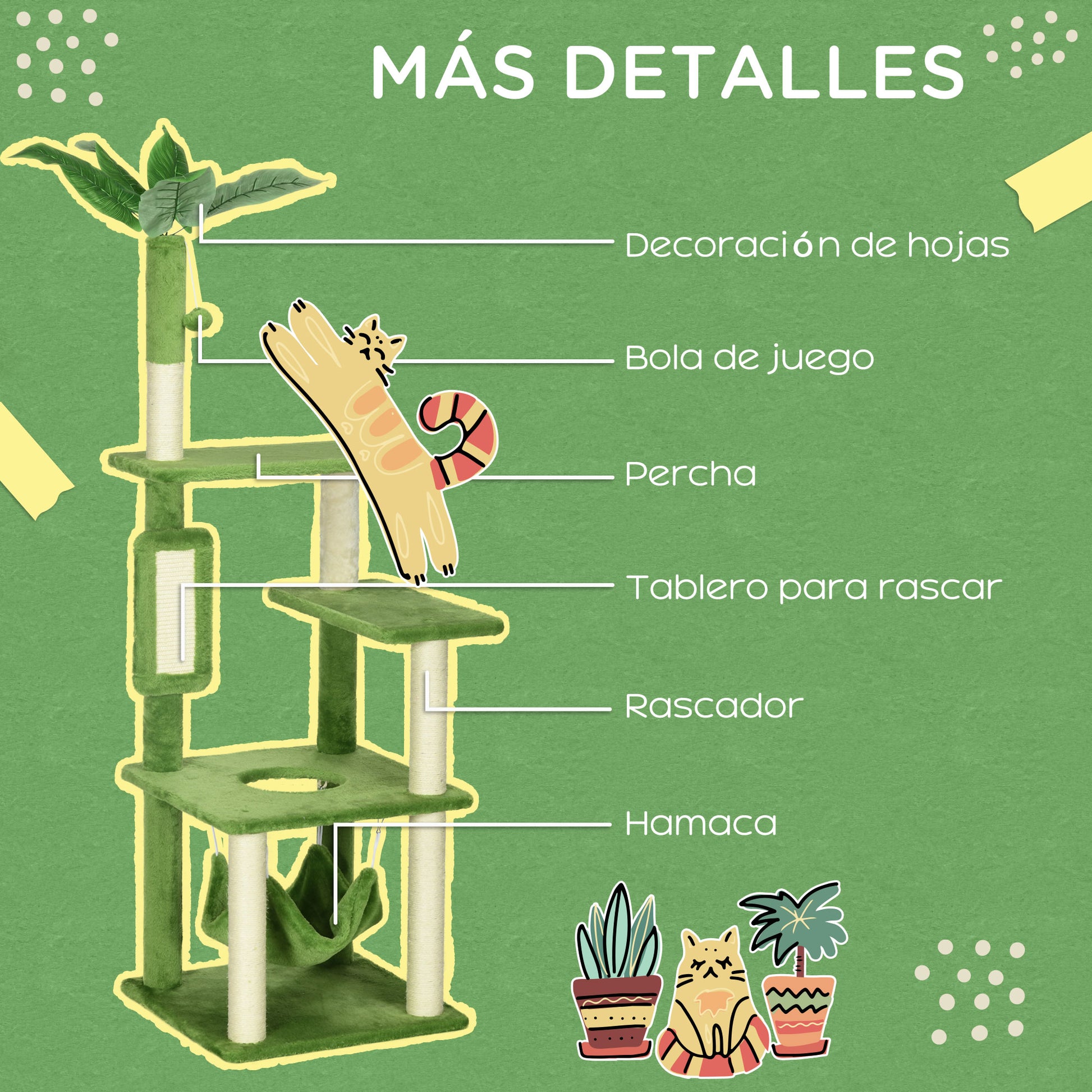 Pawhut Árbol Rascador Para Gatos Grandes De 142 Cm Con Hojas 49x49x142 Cm Verde_5