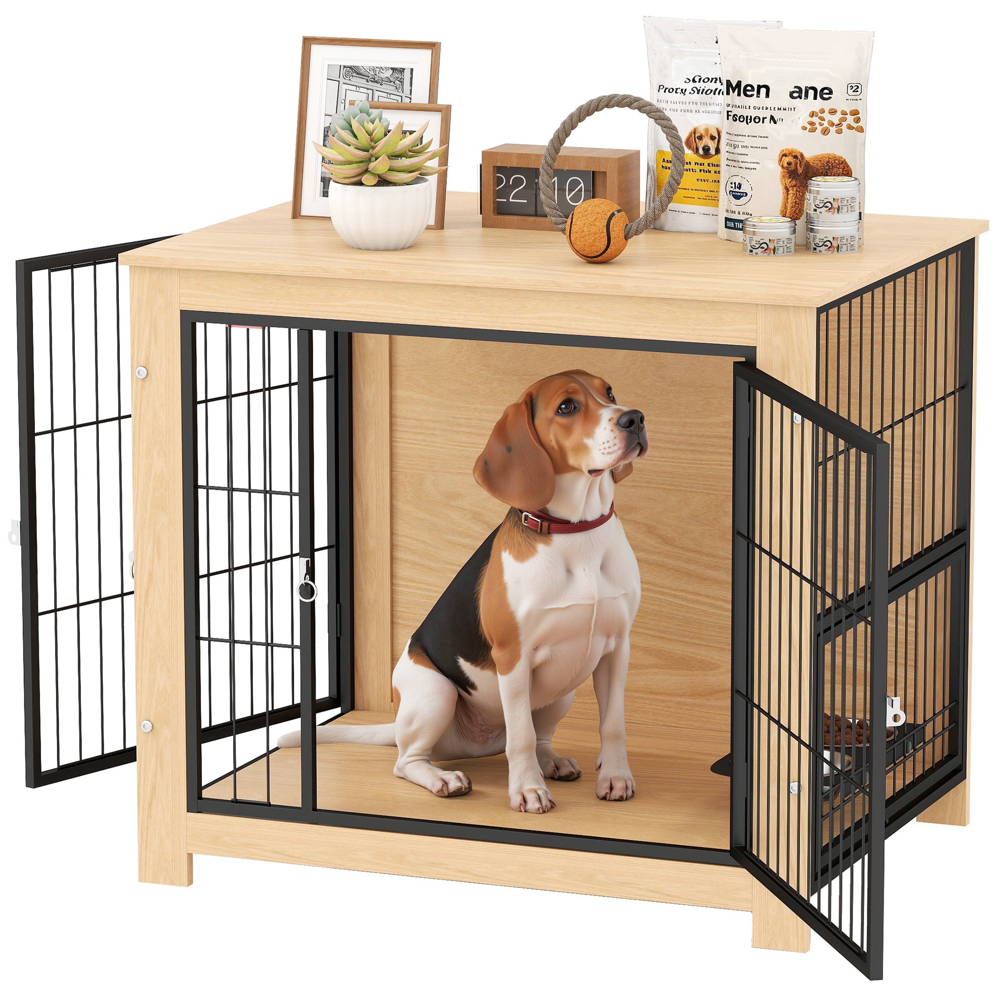 Pawhut Jaula Para Perros Mesa Auxiliar Con Soporte Giratorio Con 2 Tazones Roble_0