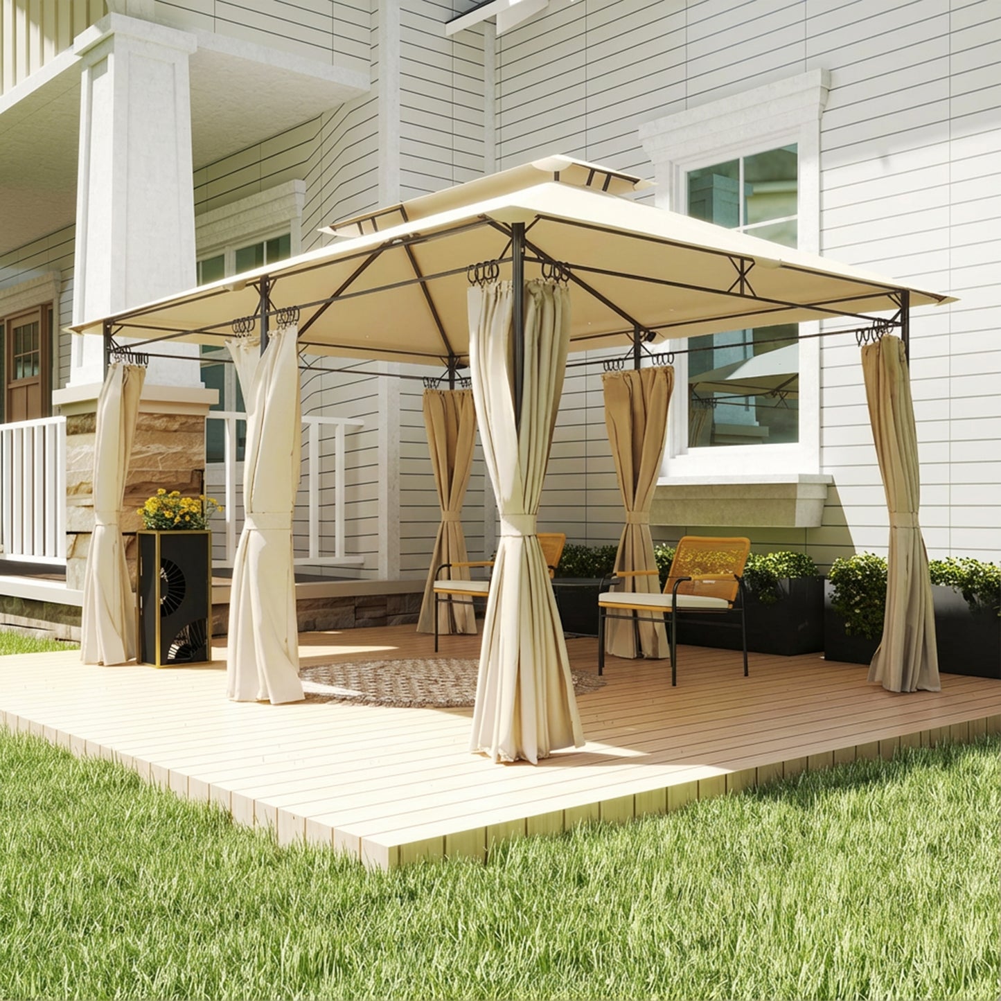 Outsunny Cenador De Jardín 4x3 M Con Doble Techo Paredes Laterales Beige_4