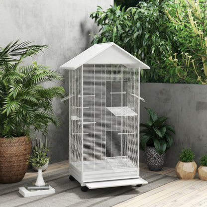 Pawhut Jaula Para Pájaros Con Ruedas 79x65x155 Cm 2 Comederos 8 Perchas Blanco_4