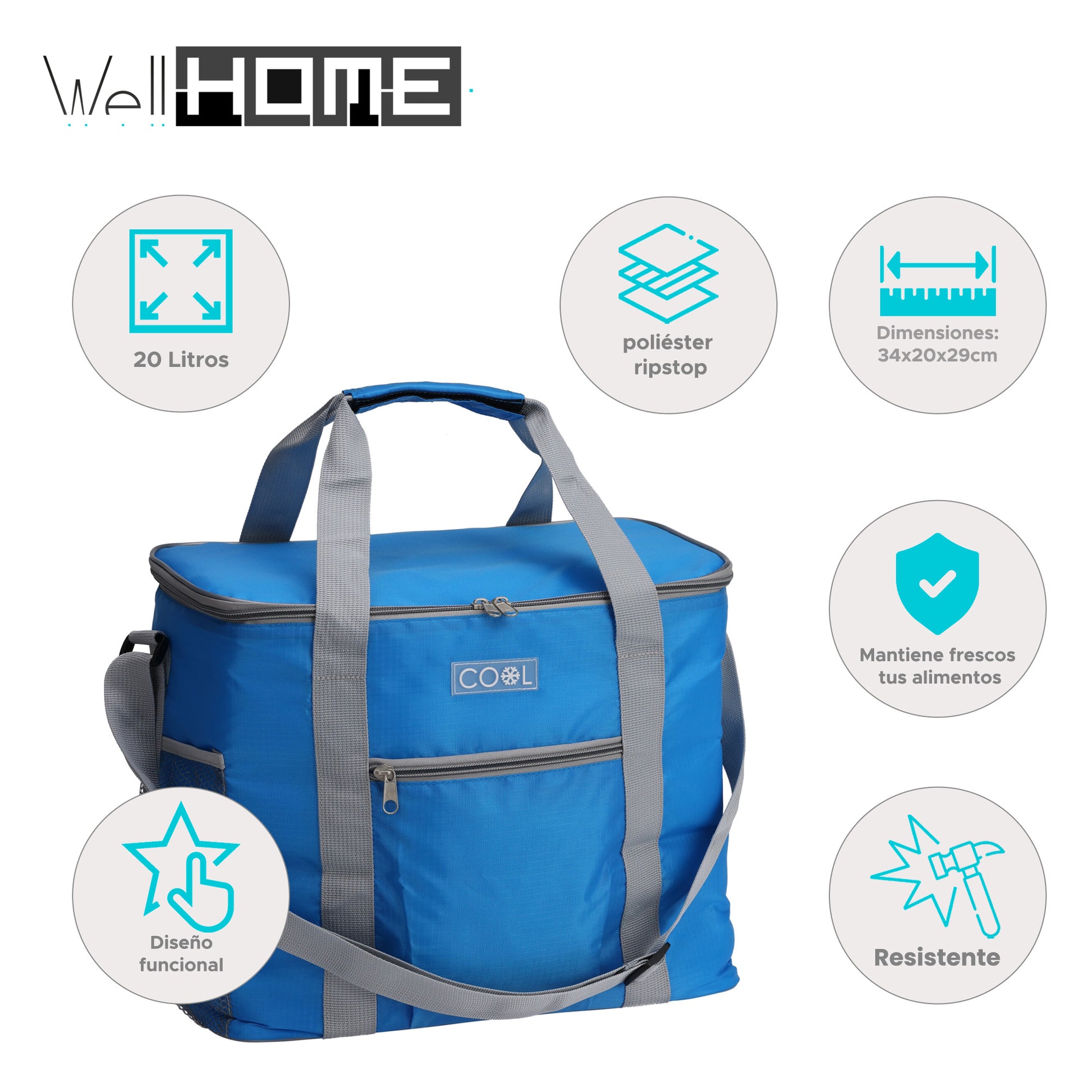 Well Home Bolsa Nevera De Poliéster Ripstop De 20 Litros En Azul Brillante 34x20x29cm_1