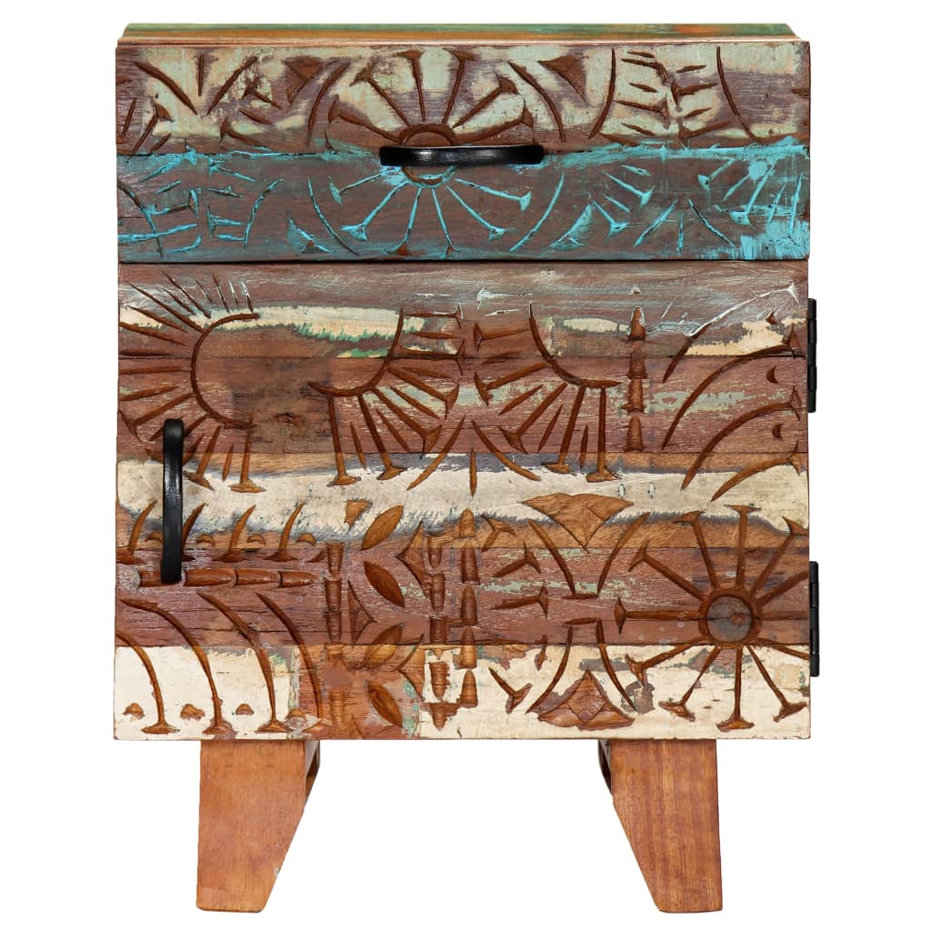 Mesita De Noche Tallada A Mano Madera Reciclada 40x30x50 Cm_1