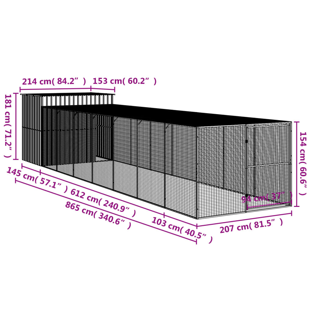 Vidaxl Caseta Perros Corral Acero Galvanizado Gris Claro 214x865x181cm_2