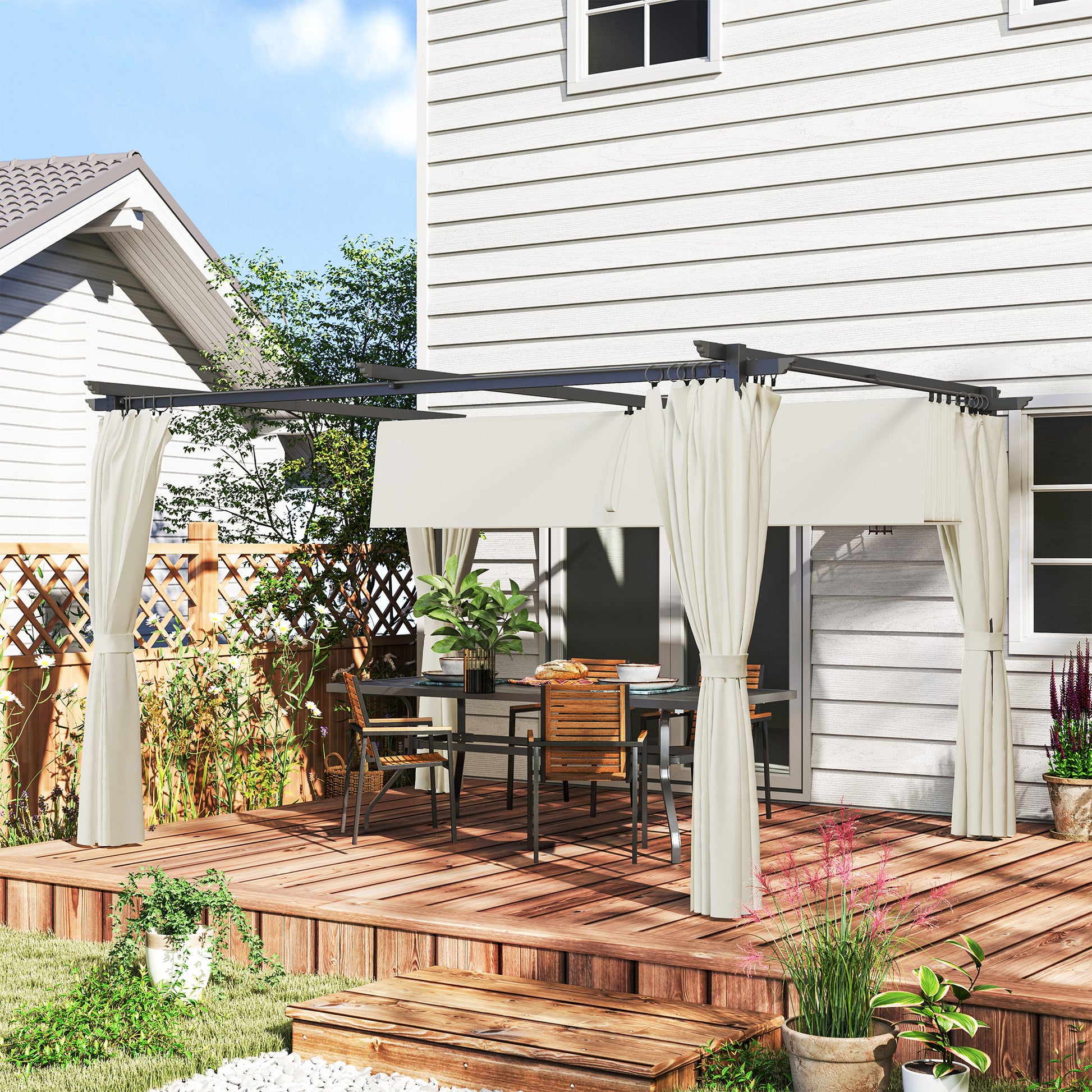 Outsunny Pérgola Con Techo Retráctil 4x3 M Paredes Laterales Anti-uv Crema_1