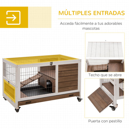 Pawhut Jaula Para Conejos De Madera 90x53x59cm Techo Abrible Rampa Bandeja_4