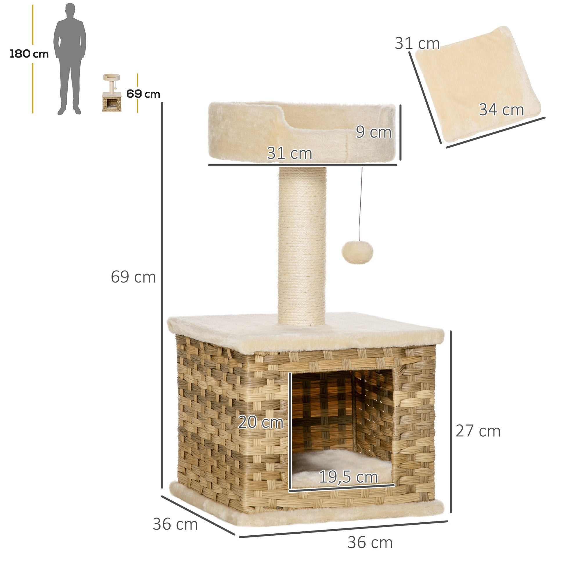 Pawhut Árbol Rascador Gatos Altura 69 Cm Con Cueva De Ratán Y Cama 36x36x69 Cm_2