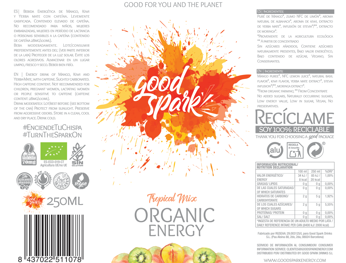 Pack 12 Bebidas Energéticas Bio Tropical Mix 250 ml Good Spark_2