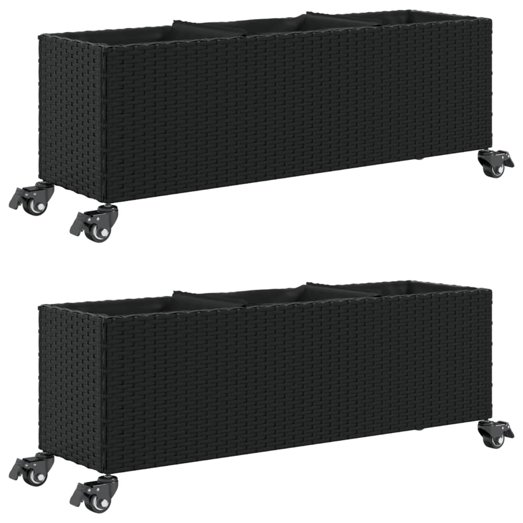 Jardineras Con Ruedas 2 Uds Ratán Sintético Negro 107x32x38 Cm_0