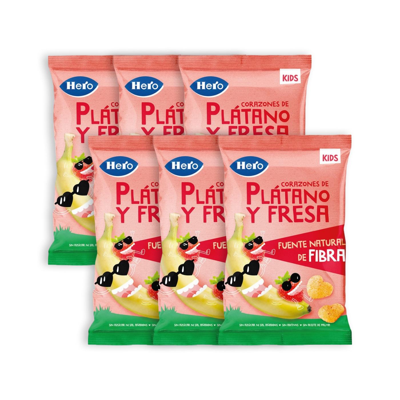 Pack x6 Snacks de Plátano y Fresa en forma de corazones 30 g. Hero-Kids