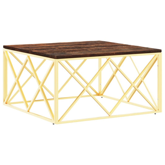 Mesa De Centro Acero Inoxidable Madera Maciza Reciclada Dorada_0