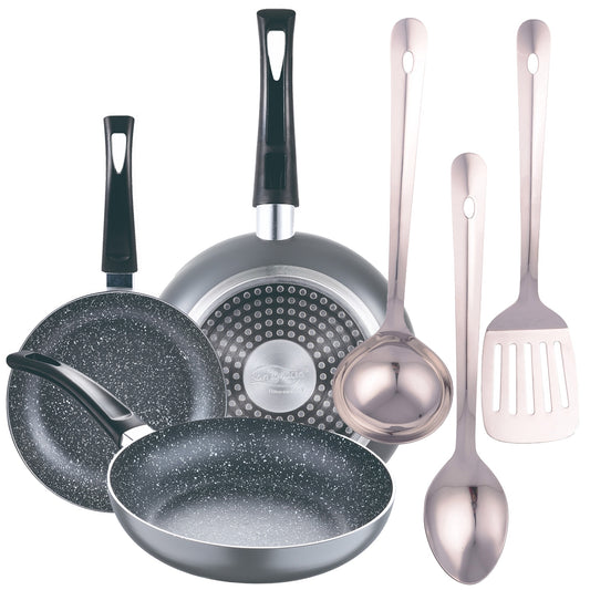 Set 3pc Sarten (16+20+24cm) Aluminio Prensado, Inducción, Negra Soul Marble Con Set 3 Pc Utensilios Cocina Acero Inoxidable_0
