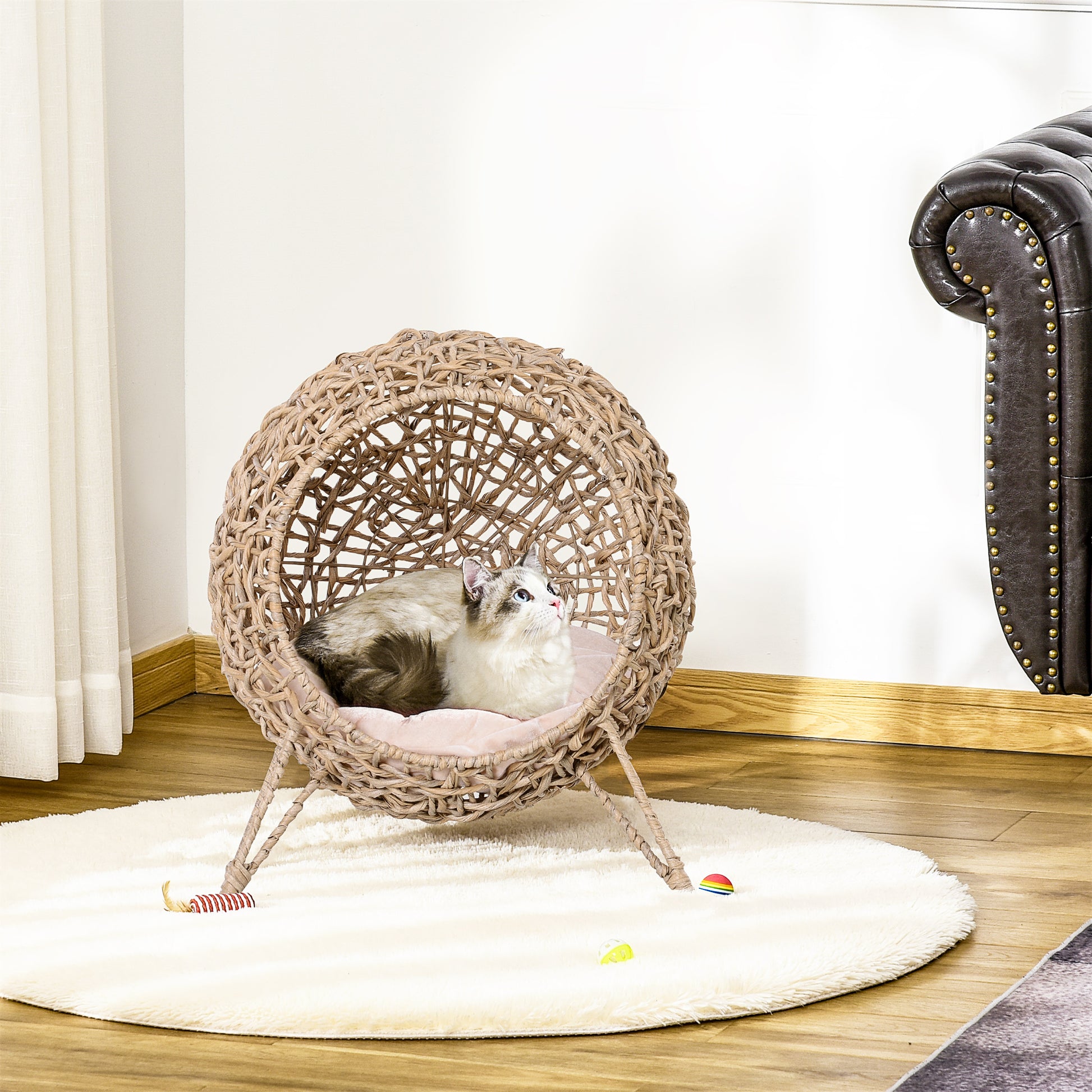 Pawhut Cueva De Ratán Con Cojín Para Gatos Base Elevada Con 3 Patas Φ52x58 Cm_1