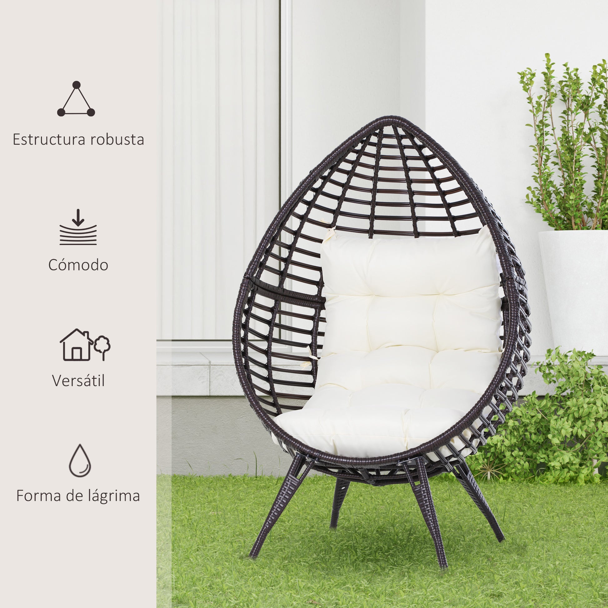 Outsunny Sillón De Exterior De Ratán En Forma De Lágrima Con Cojín Marrón Crema_5