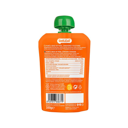 Pack 10 uds Pouches Pera, Plátano y Zanahoria Smileat 100 g