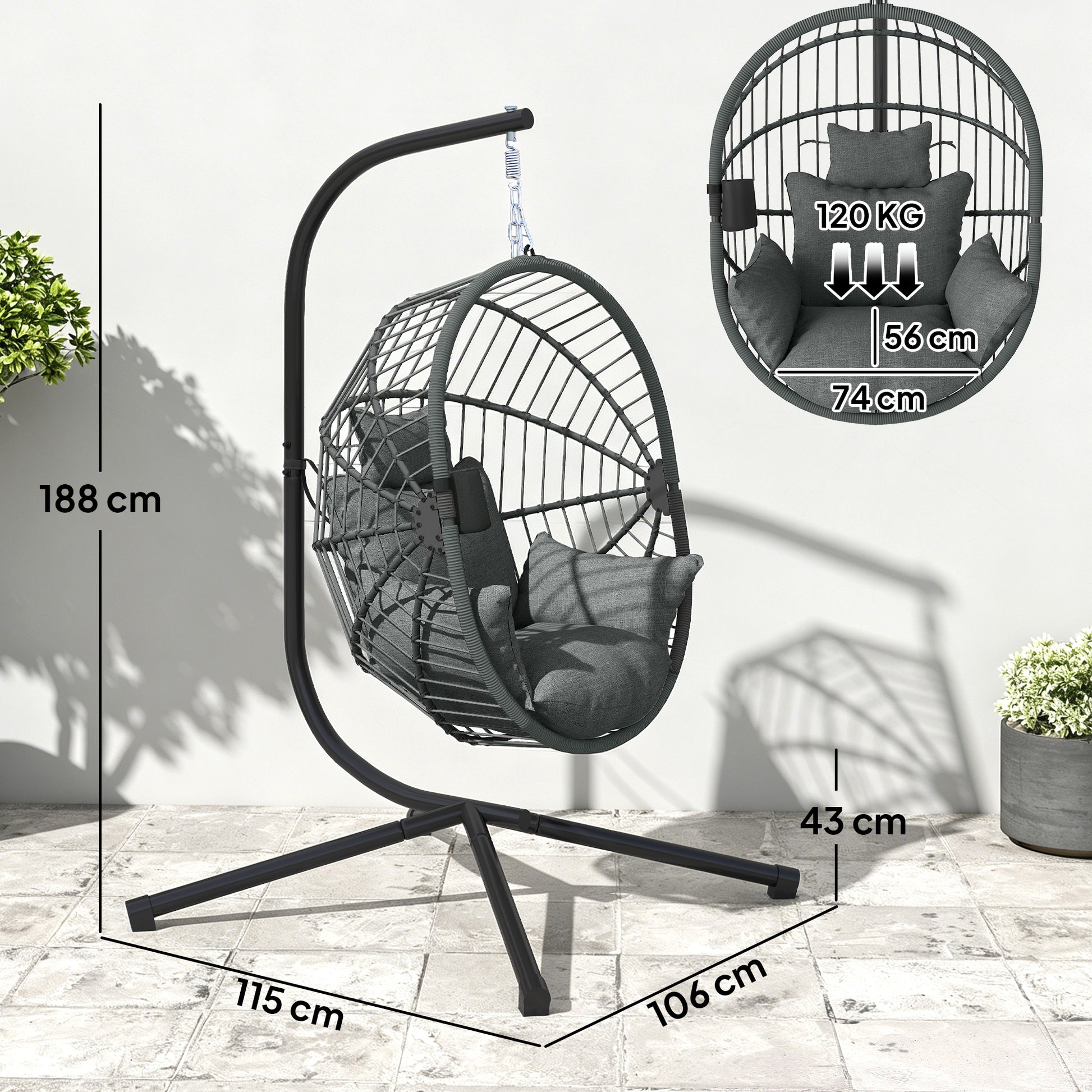 Outsunny Silla Colgante Huevo Con Soporte Cesta Plegable Carga 120 Kg Gris_2