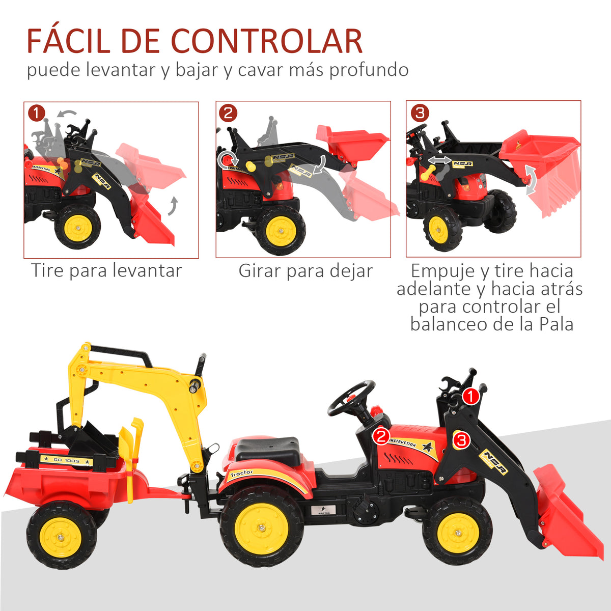 Tractor A Pedales Homcom Metal, Plástico Rojo 179x42x59 Cm_5