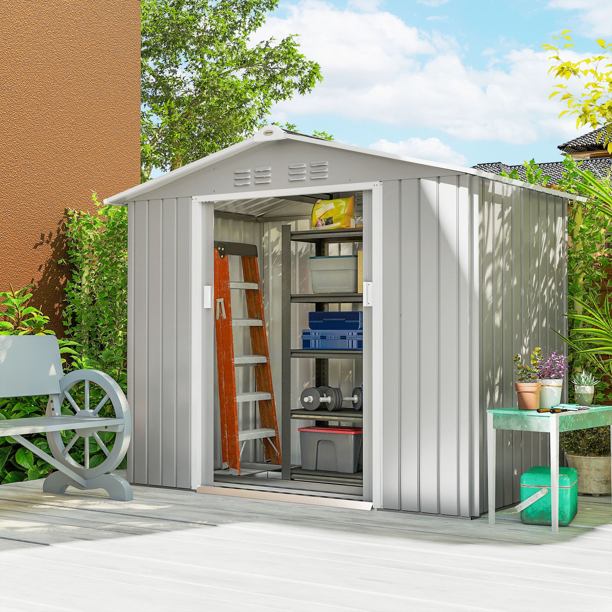 Outsunny Caseta De Jardín 213x130x185 Cm Con 2 Puertas Correderas Y 4 Ventanas_1