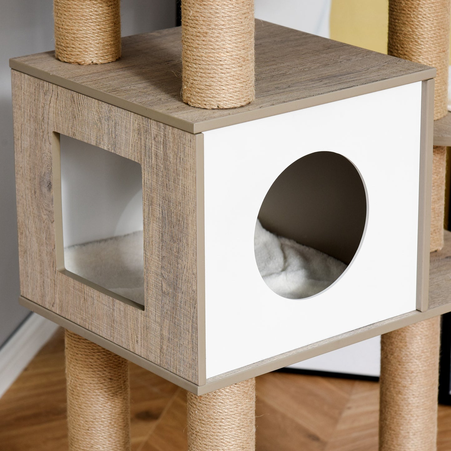 Pawhut Árbol Rascador Para Gatos Altura 177cm Cueva Juguete Colgante Blanco Y_3