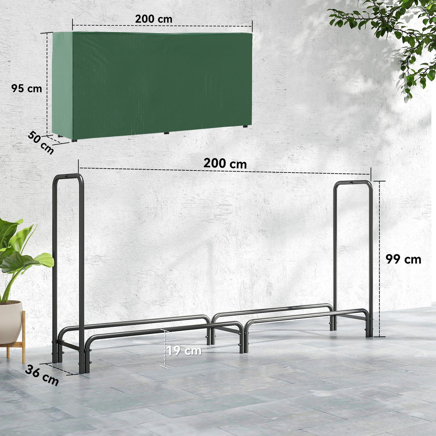 Outsunny Soporte Para Leña Con Cubierta Estante 200x36x99cm Verde Oscuro Y Negro_2