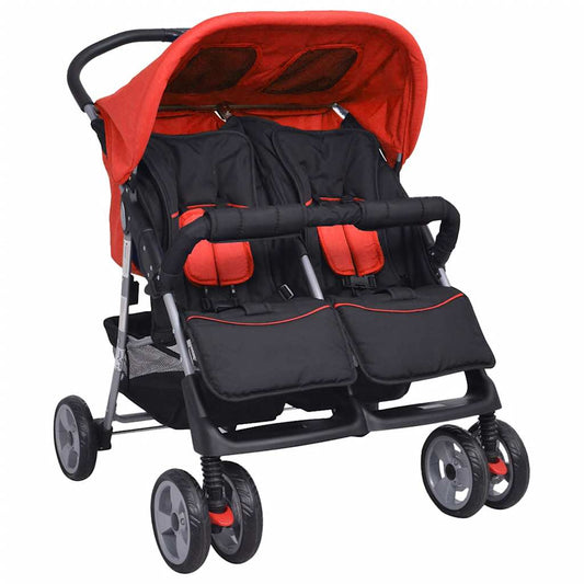 Vidaxl Cochecito Gemelar De Acero Rojo Y Negro_0