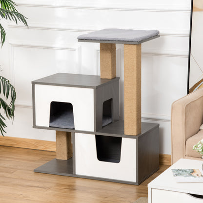 Pawhut Árbol Para Gatos De Madera Con Cuevas Cojines Plataformas Postes Rascador_1