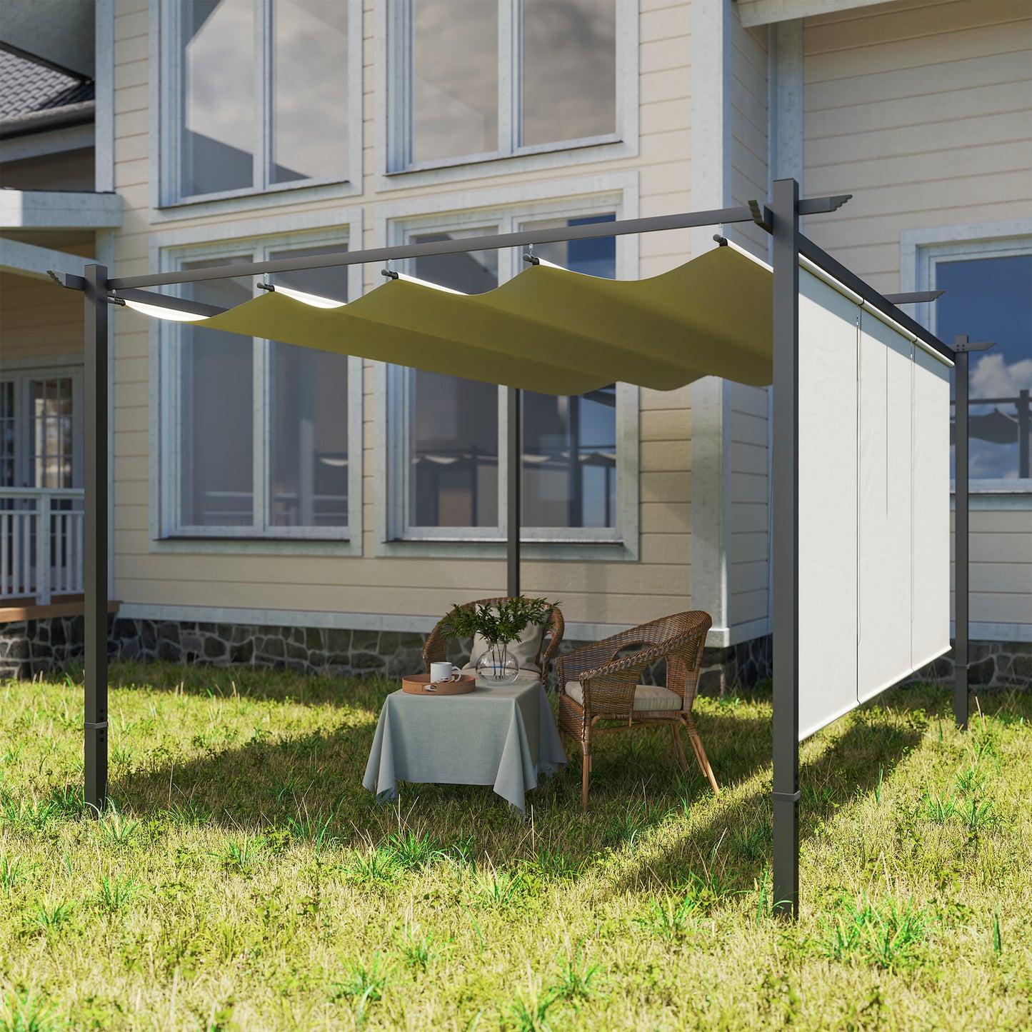 Outsunny Pérgola 4x3 M Con Techo Retráctil Y Laterales Enrollables Beige_4