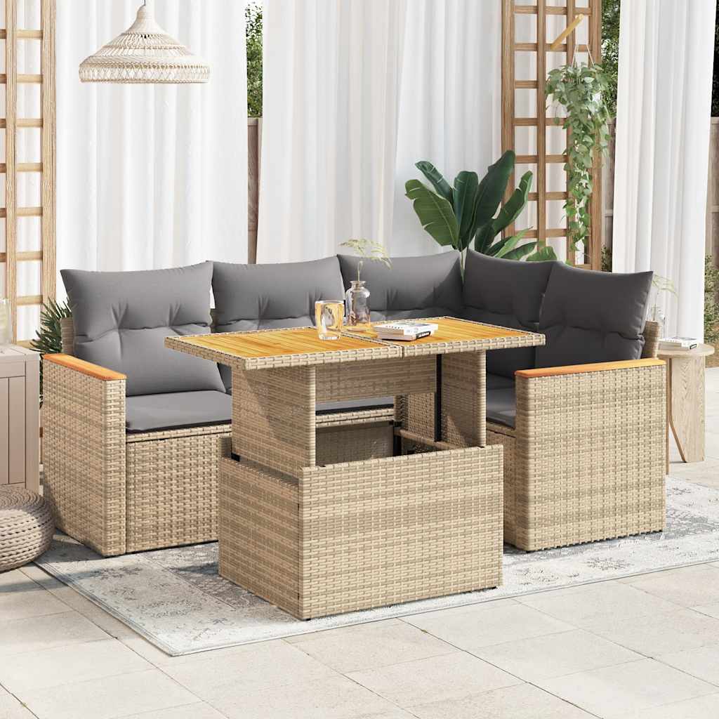 Set Sofás Jardín Y Cojines 5 Pzas Ratán Sintético Acacia Beige / Vetonek_1