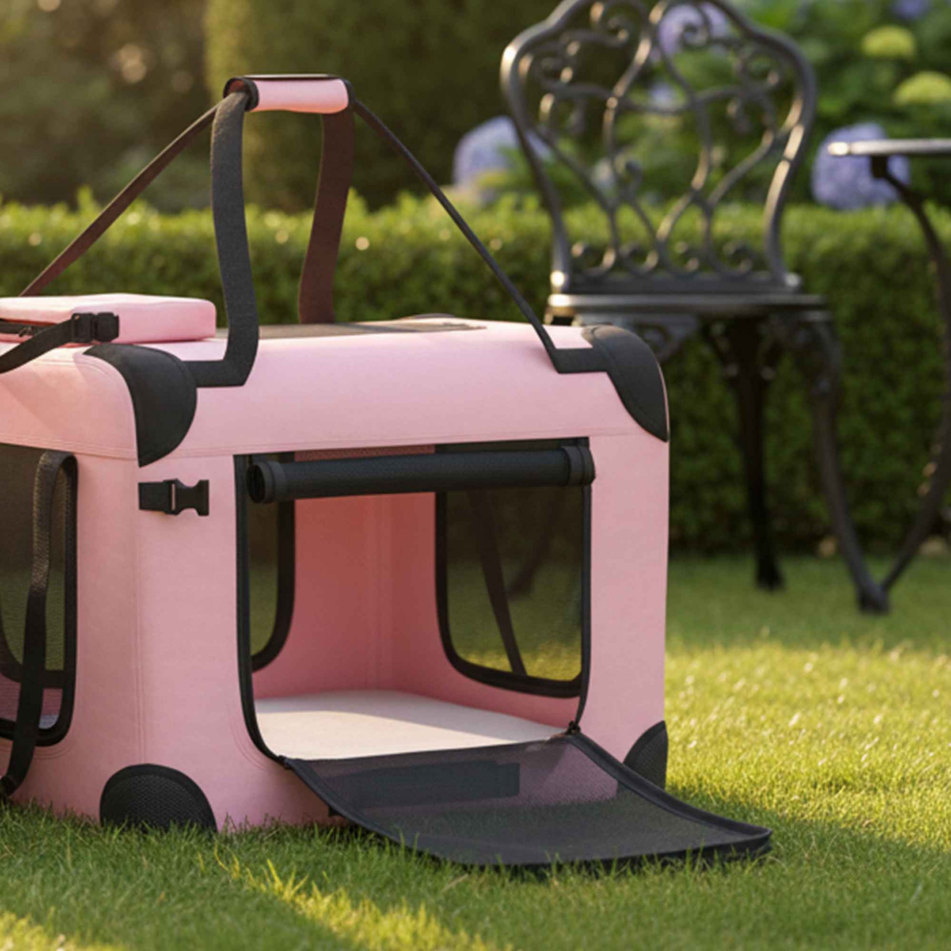 Pawhut Transportín Perro Gato Plegable 60x41,5x41 Cm Con Puertas Cojín Rosa_4
