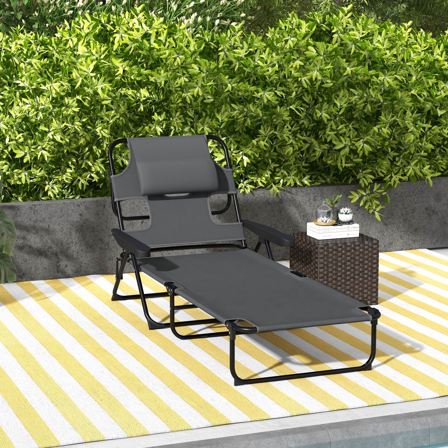 Outsunny Tumbona Plegable Con Orificio De Lectura 145x72x89 Cm Gris Oscuro_1