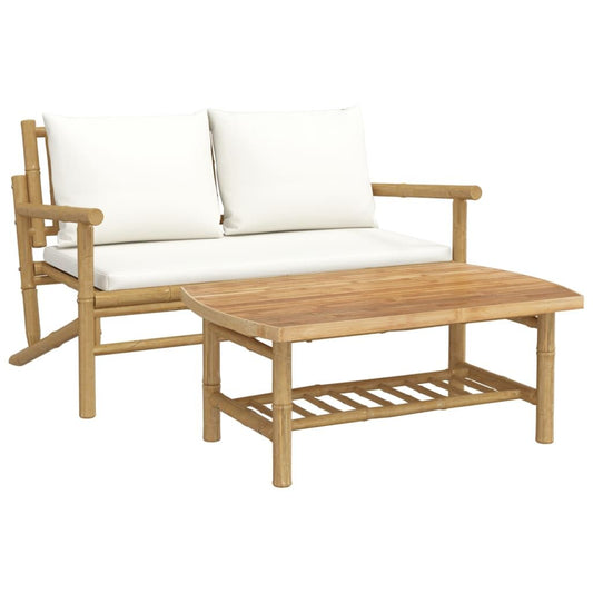 Vidaxl Set De Muebles De Jardín 2 Piezas Bambú Y Cojines Blanco Crema_0