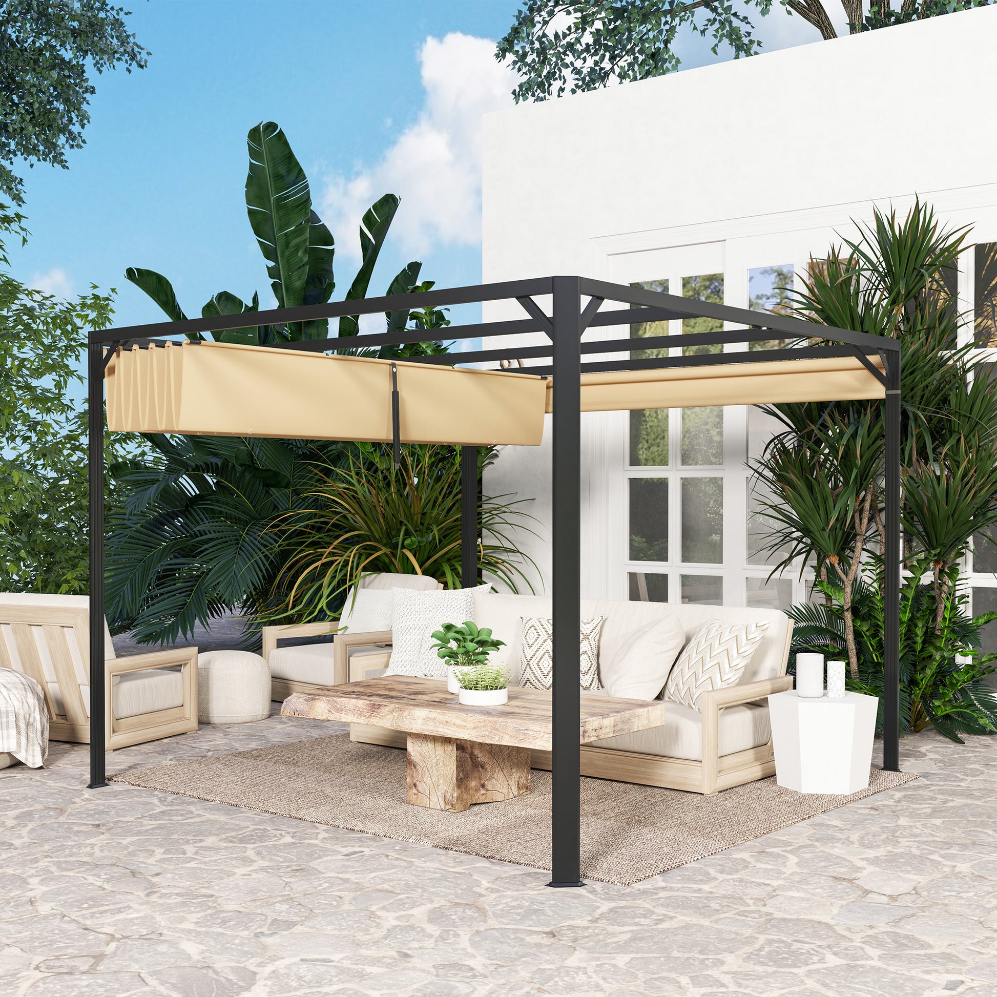 Outsunny Pérgola 3x3 M Con Techo Retráctil Y Cortina Enrollable Caqui_4