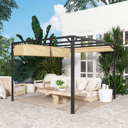 Outsunny Pérgola 3x3 M Con Techo Retráctil Y Cortina Enrollable Caqui_4