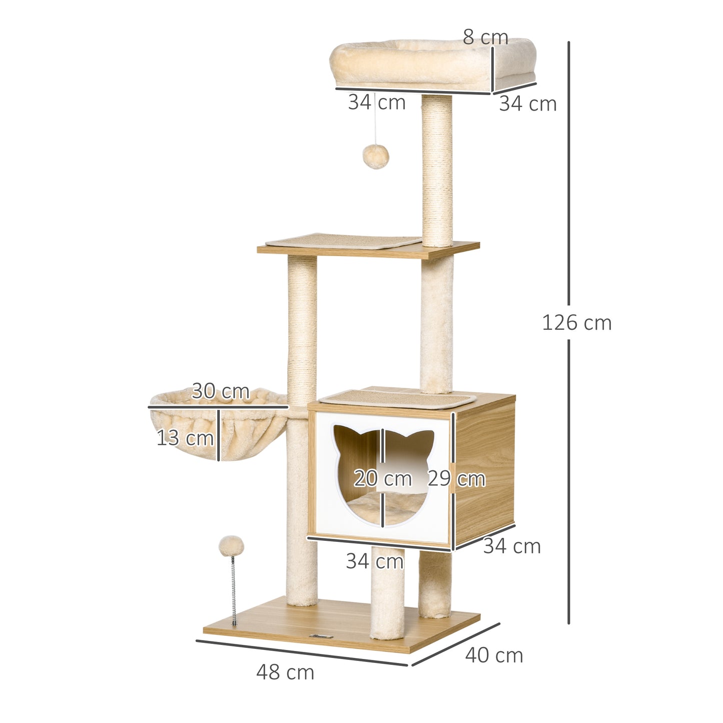 Pawhut Árbol Rascador Para Gatos Con Plataforma Altura 126 Cm Hamaca Caseta_2