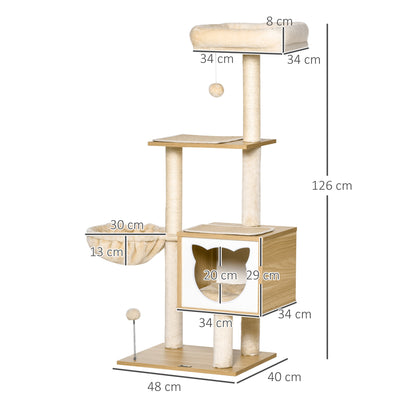 Pawhut Árbol Rascador Para Gatos Con Plataforma Altura 126 Cm Hamaca Caseta_2