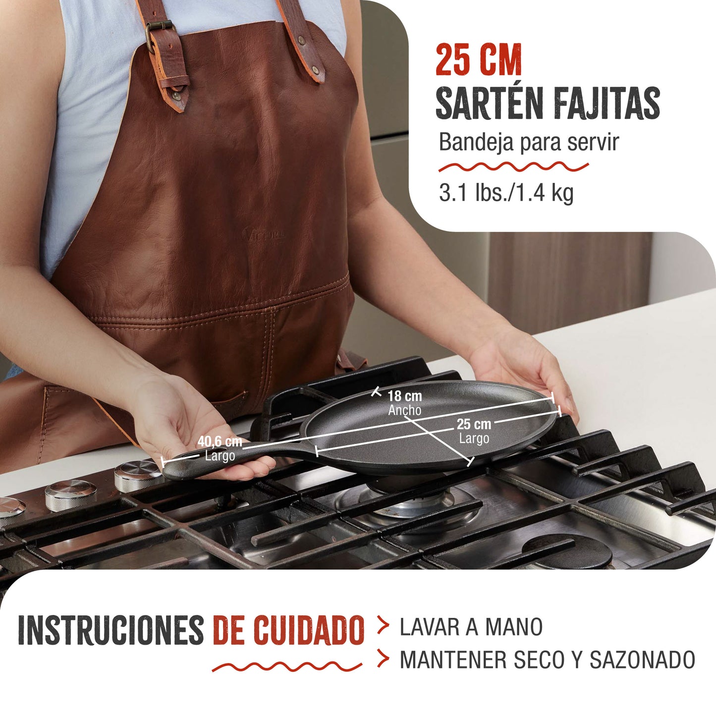 Victoria Sartén Fajitas Hierro Fundido Curado Inducción 25cm, Apta Fuego, Barbacoa, Cast Iron Skillet, 37345, Negro_4