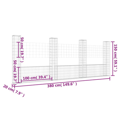 Cesta De Gaviones Forma De U 4 Postes De Hierro 380x20x150 Cm / Vetonek_5