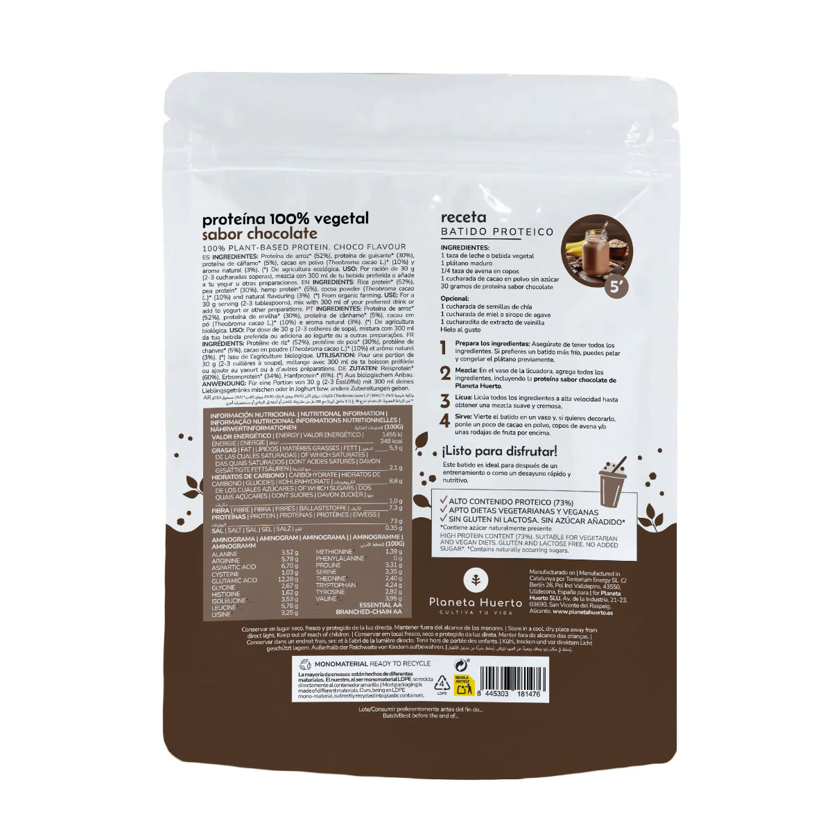 Proteína vegetal ECO 73% chocolate Planeta Huerto 500 g