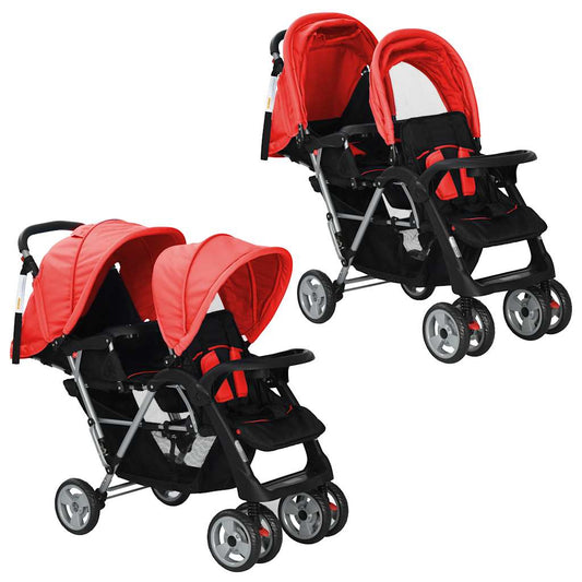 Vidaxl Carrito Para 2 Niños Tandem De Acero Rojo Y Negro_0