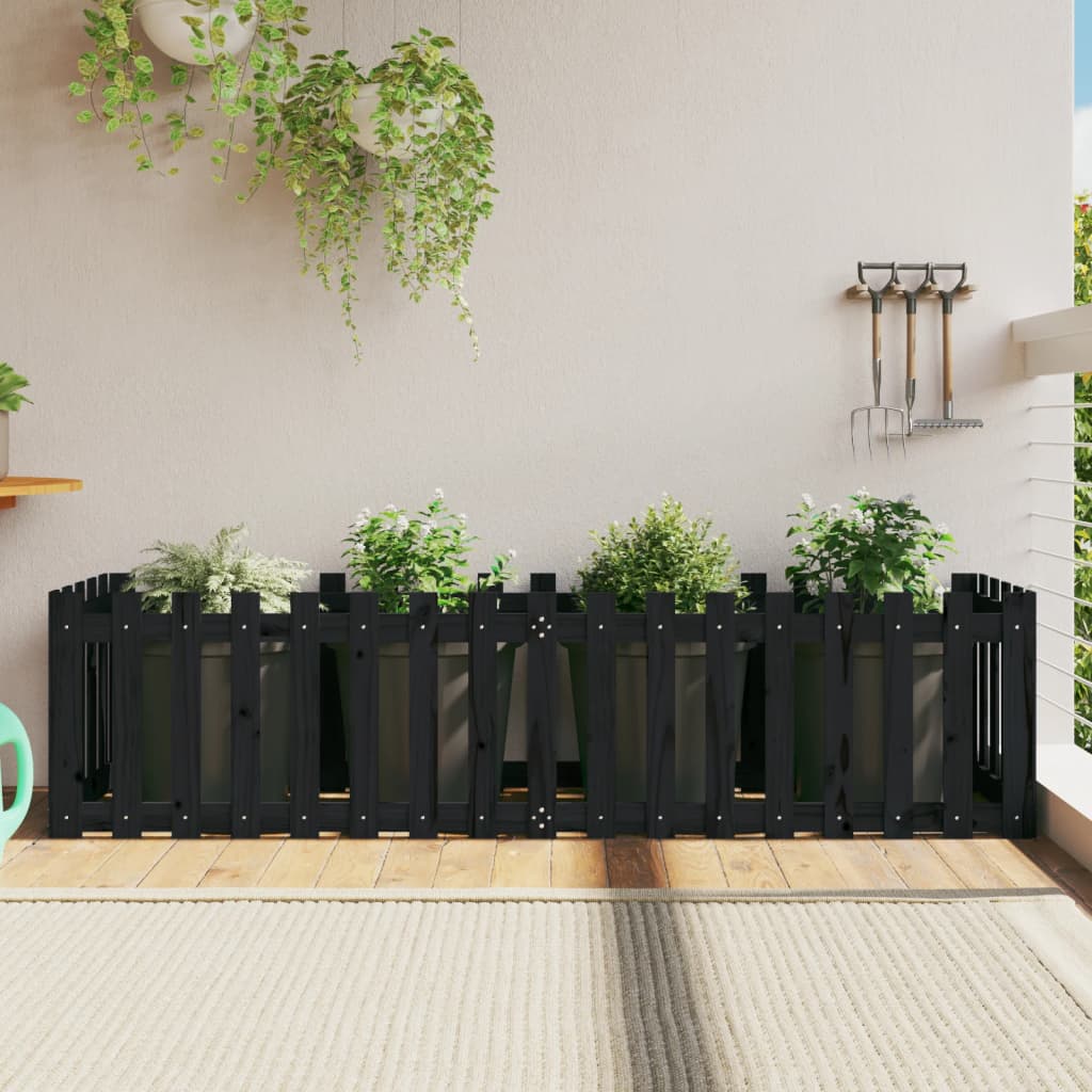 Arriate Elevado Jardín Con Valla Madera Pino Negro 200x50x50cm_1