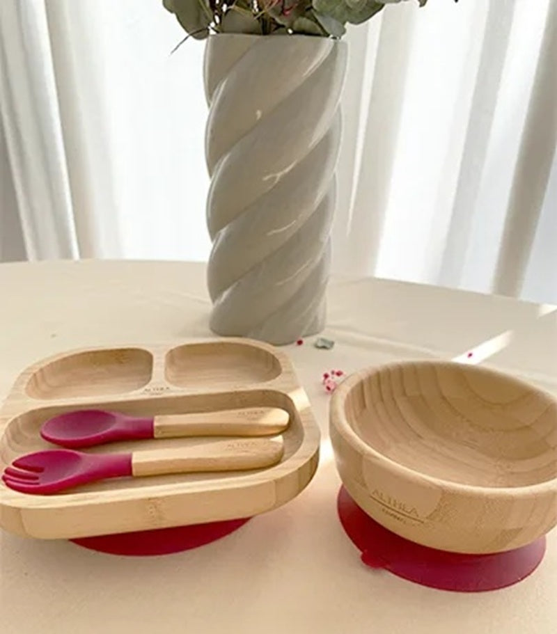 Vajilla De Bambú Natural - 4 Piezas - Rojo Carmesí._2