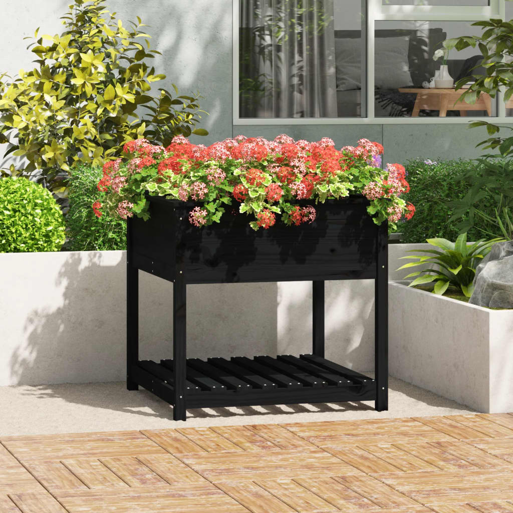Jardinera Con Estante Madera Maciza Pino Negro 82,5x82,5x81 Cm_1