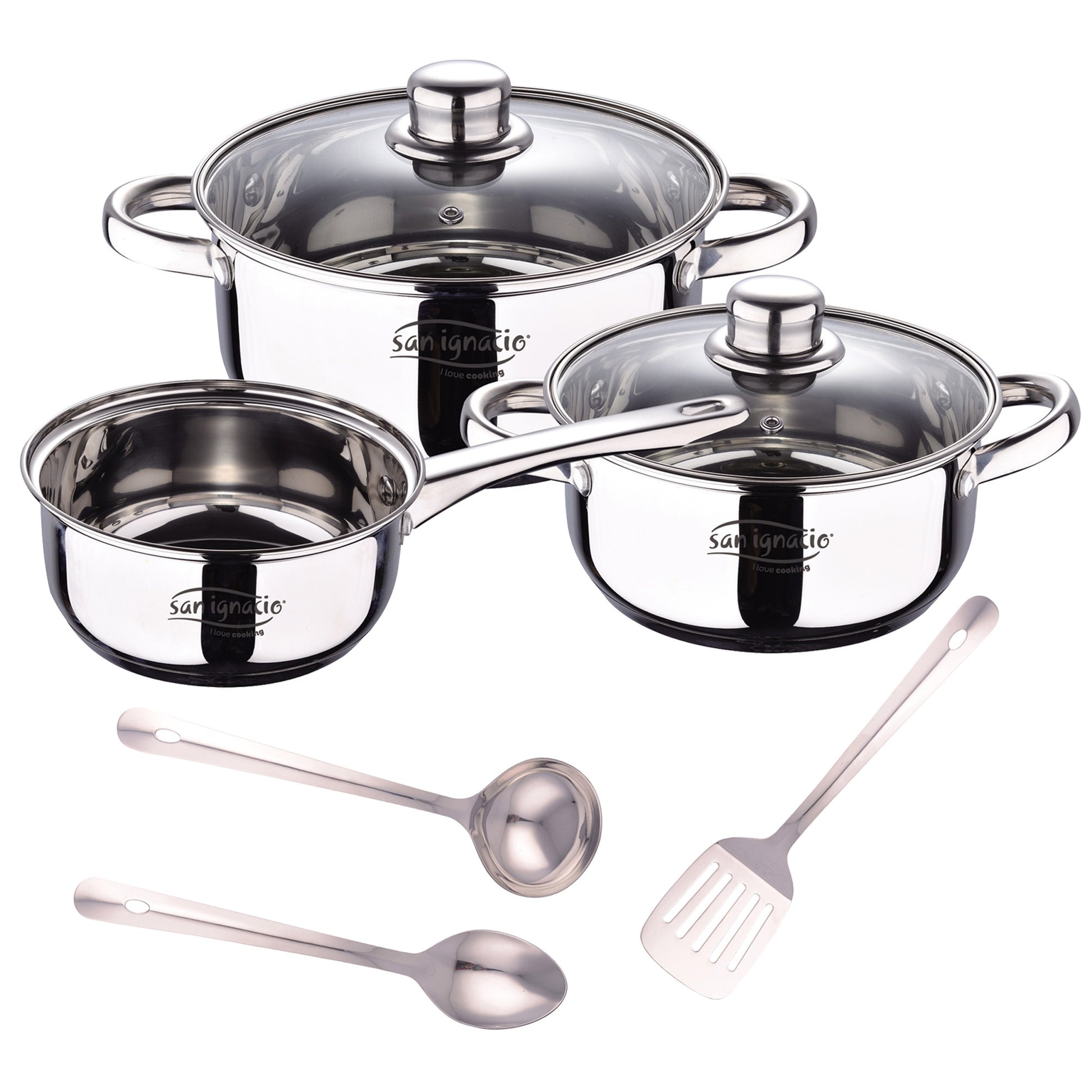 Bateria 5pcs Acero Inoxidable: Cazo Ø16x7,5 Cacerolas De Ø18x8,5 Y Ø20x9,5 Cms., Inducción + Set 3pcs Utensilios De Cocina En Acero Inoxidable