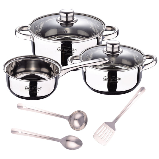 Bateria 5pcs Acero Inoxidable: Cazo Ø16x7,5 Cacerolas De Ø18x8,5 Y Ø20x9,5 Cms., Inducción + Set 3pcs Utensilios De Cocina En Acero Inoxidable