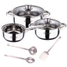 Bateria 5pcs Acero Inoxidable: Cazo Ø16x7,5 Cacerolas De Ø18x8,5 Y Ø20x9,5 Cms., Inducción + Set 3pcs Utensilios De Cocina En Acero Inoxidable