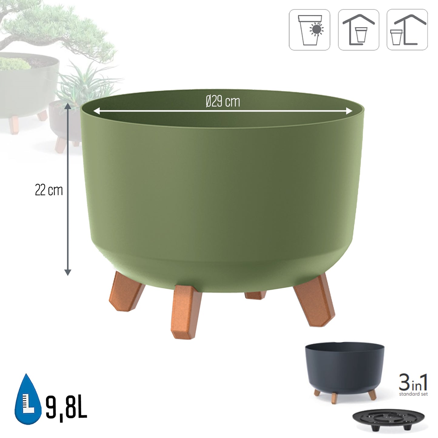 Macetero Color Verde Tierra,sin Depósito , Colección Gracia De 29cm X 29cm X 22cm Cm, Capacidad De 9,8 L.