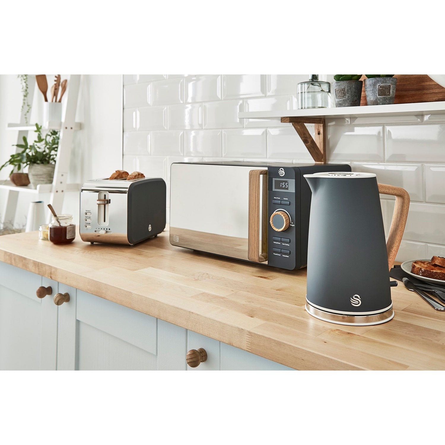 Swan Nordic Set Desayuno, Hervidor Agua 1,7l, Tostadora 2 Rebanadas, Microondas 20l Digital, Strp1060gryneu, Gris_1