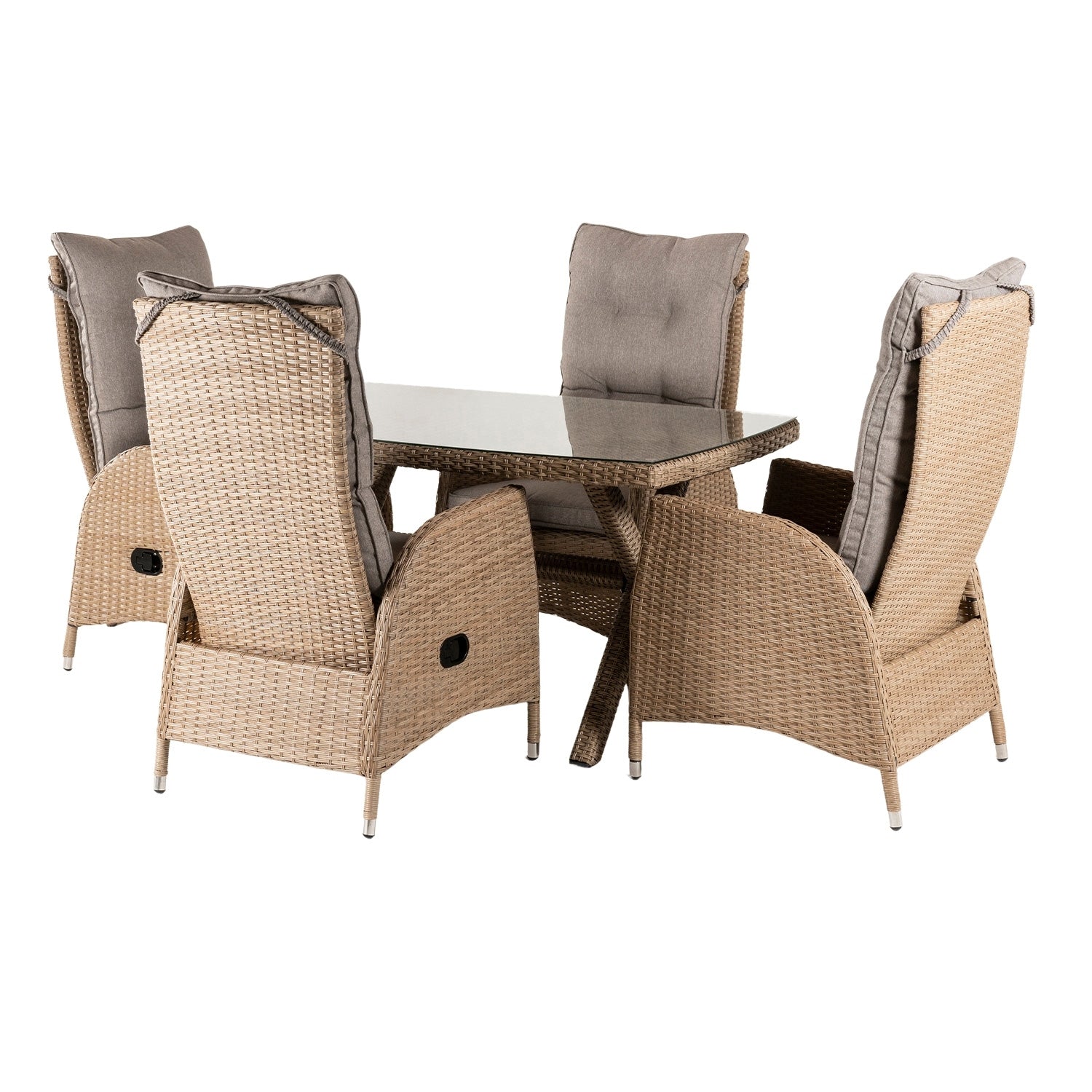 Conjunto Muebles Exterior, Mesa 140x80 Cm Y 4 Sillones Reclinables, Aluminio Y Rattán Sintético Plano Color Natural, 4 Plazas, Cristal Templado 5 Mm_0